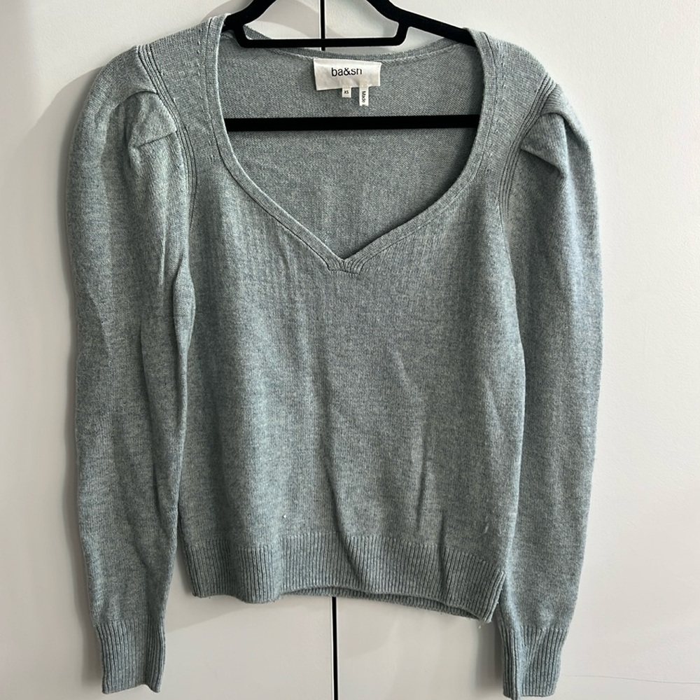 Ba&sh Wool Pleated Puff Sleeve V-Neck Sweater